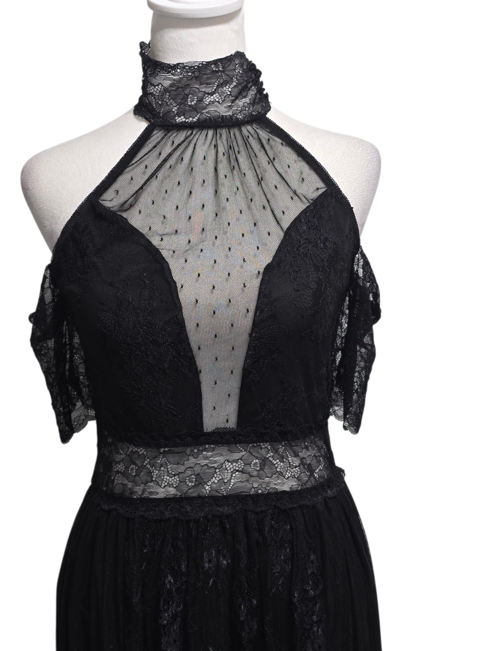 Widow by Dolls Kill Black Lace High Neck Cold Shoulder Hi Low Gothic Dress Sz M - Picture 3 of 11